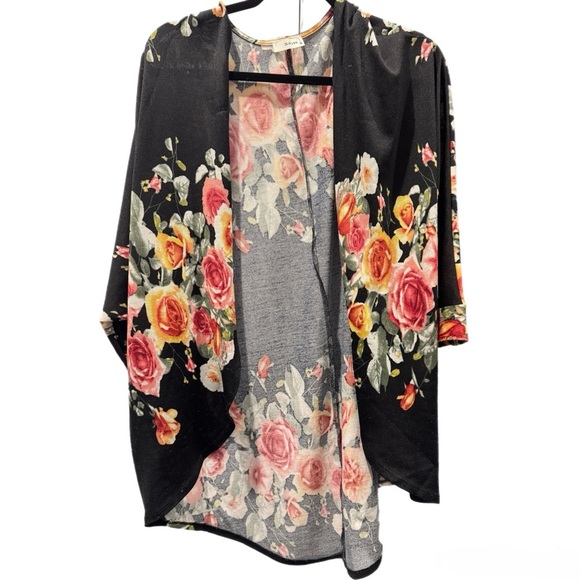 Mauve Tops - Anthropologie MAUVE Open Front Sweater – Black Floral • Batwing Sleeves Size XL